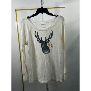 Old Navy Womens Large Oh Deer‎ Graphic Waffle Knit Thermal Long Sleeve Top Cream